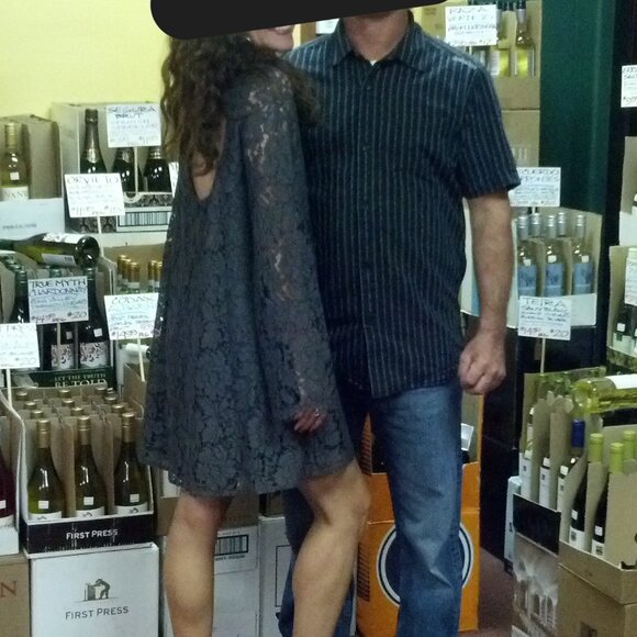 Charcoal Gray Lace Cocktail Dress Size XS, Low Back, Scoop Neck, Bell Sleeve - Picture 10 of 10